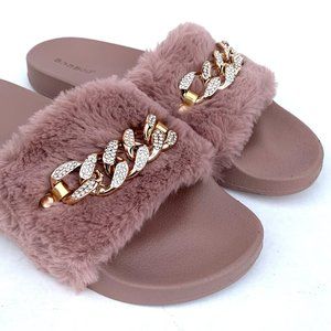 Bamboo Mauve Faux Fur Chain Link Slides 11